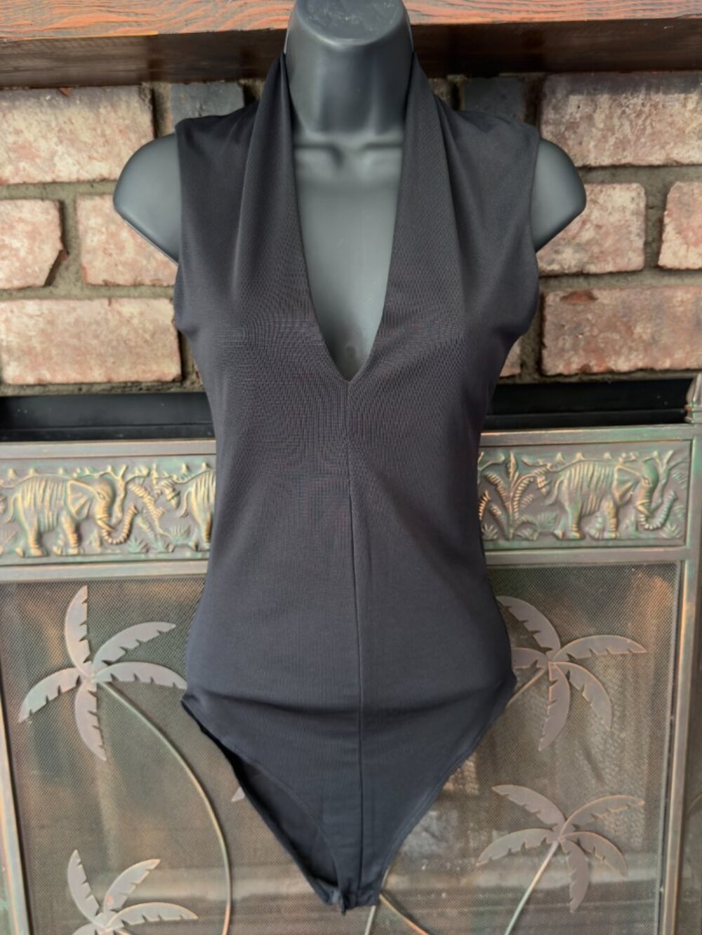 ZARA COLLECTION Black Sleeveless Deep V Neck Bodysuit Small S EUC